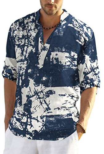 COOFANDY Camicia Casual da Uomo in Lino e Cotone con Collo Henley a Maniche Lunghe Tintura per Cravatta Blu Scuro S