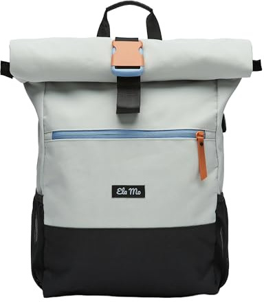 Ela Mo® Rolltop Rucksack Damen - Rollrucksack Anti Diebstahl für Sport & Reisen - Laptoprucksack für Schule, Uni, Business - Mit USB Anschluss & kompaktem Flaschenhalter - Lightgrey Orange Pop