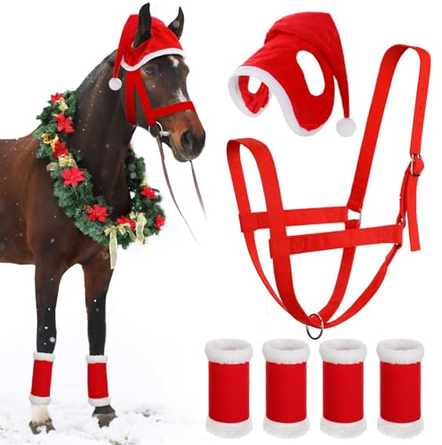 Paterr 6 accessori per cavalli di Natale, include 4 fasce per gambe con bordo in pelliccia sintetica, cappello di Babbo Natale, cavezza regolabile in nylon per accessori per costumi di Natale