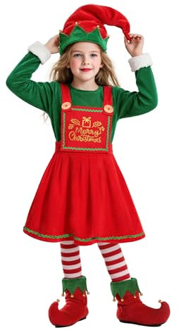 Dormstop Kids Holiday Elf Costumes Deluxe Grils Christmas Elf Dress Set Christmas Party Dress Outfit (9-11 Years)