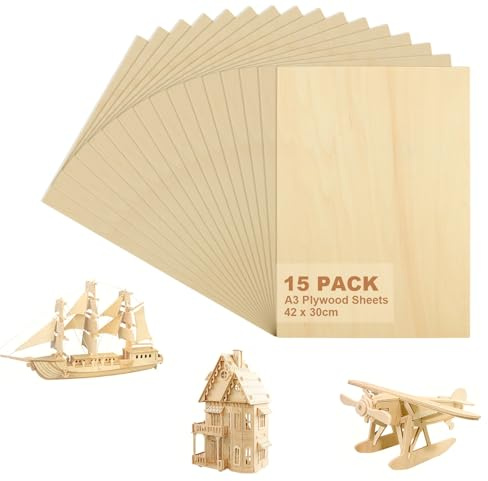AHAQU 15 hojas de madera contrachapada A3, 420 x 300 x 3 mm, hojas de tilo sin terminar, tablero de madera en blanco para manualidades, pintura, modelado, grabado de calado, decoración del hogar
