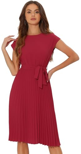 Allegra K Damen-Plisseekleid Mit Rundhalsausschnitt, Ärmellos, A-Linien-Kleid Mit Bindegürtel Rot XS
