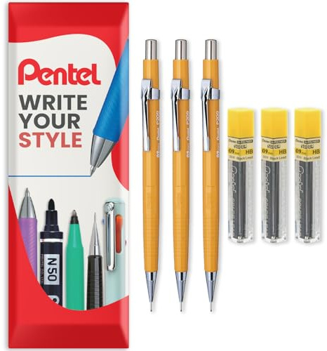 Pentel P200 Serie Automatische Druckbleistifte – HB-Mine – 3 x Bleistifte + 3 Tuben Nachfüllminen – in Kissenverpackung (P209 (0,9 mm)