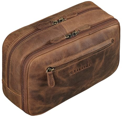 STILORD 'Voyager' Vintage Leder Kulturtasche Herren Damen Groß Waschtasche Kulturbeutel Echtleder Kosmetiktasche für Reisen Make-up Kosmetik mit Handschlaufe, Farbe:mittel - braun