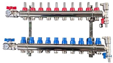 Premium Heizkreisverteiler 10 Heizkreise Kugelhahn Schnellentlüfter Messing Vernickelt Schallgedämmt Fußbodenheizung Thermometer