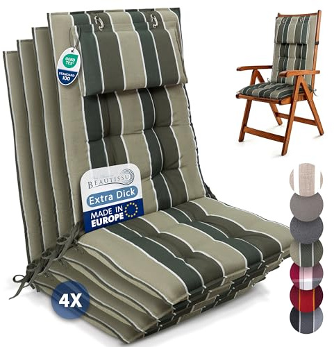 Beautissu 4er Set Premium Hochlehner Auflage mit Kopfpolster Stoff | 120x50cm 8cm dick Grün gestreift robust Polster Befestigungsbänder UV-Lichtechtheit 5 Gartenstuhlauflage rutschfest Sun-HL