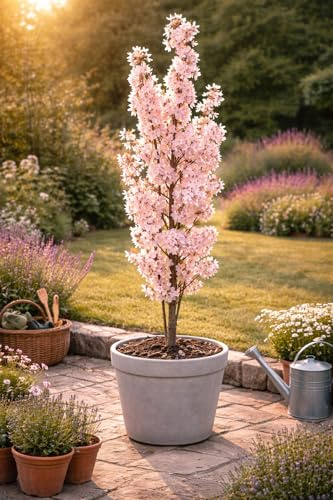 Japanische Säulenkirsche 'Amanogawa' – Prunus serrulata, winterharte Zierkirsche, duftende rosa Blüten, schlanker Wuchs, ideal für Garten & Terrasse, 100–120 cm inkl. Topf