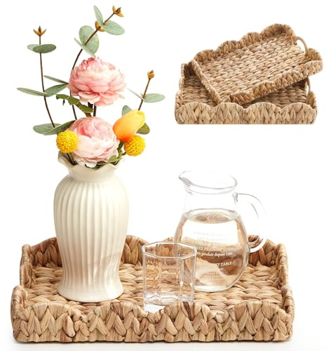 Havawish 2 Pcs Scalloped Edge Rattan Tray Scalloped Wicker Basket for Decoration Serving Tray with Handles Rattan Decorative Scallop Baskets for Table Decor, 2 Sizes
