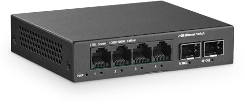 YuLinca 6 Port 2.5G Unmanaged Switch, 4 x 2.5GBASE-T Ports with 2 x 10G SFP+, 60Gbps Switching Capacity, Fanless Plug & Play 2.5Gb Network Switch