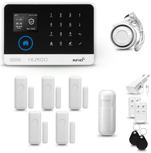HUXGO® HXA003 Funk Alarmanlage Set WiFi + GSM mit Sirene | Alarm System mit Bewegungsmelder, 5X Tür- Fenstersensor, Fernbedienung | Wohnmobil Alarmanlage
