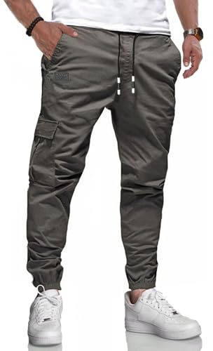 LIUPMWE Joggers for Men Cotton Casual Mens Work Trousers Tracksuit Elastic Cargo Pants Waist with Drawstring Pockets Sweatpants