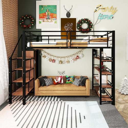 Dolamaní Hochbett 90x200 cm mit Regal & Treppe Sicherheit & klein Schrank, Jugendbett Bett mit Rausfallschutz, Bettgestell & Lattenrost aus Metall, Schwarz