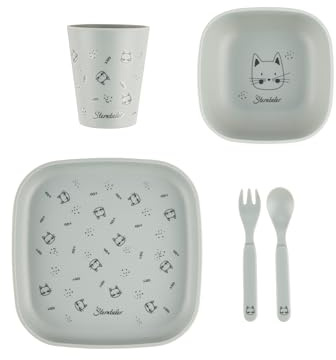 Sterntaler Set di stoviglie gatto Lilly – stoviglie per bambini e bambini in forma quadrata, ideale per nutrire e imparare a mangiare autonomamente, stoviglie robuste in materiale alimentare, verde