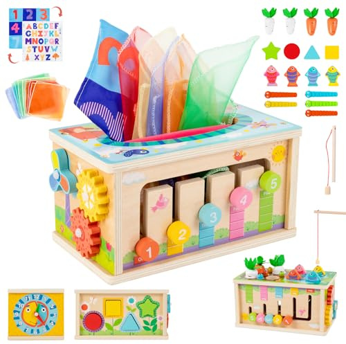 YAOZUP 8 en 1 Juguetes Montessori 1 2 3 años, Cubo de Actividades de Madera para Bebés, Educativo Juguetes Montessori con Caja de Pañuelos, la Cosecha de Zanahoria, Juego de Pesca Magnética, etc