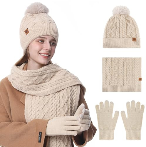 Oneshlee Mütze, Schal & Handschuh-Sets Für Damen 3 In 1, Stricmütze Mit Bommel Damen, Flauschige Und Warme Touchscreen Handschuhe, Strickschal Strickhandschuhe Beanie Wintermütze Wärmer Pudelmütze