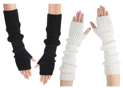 Calkkrer 2 Paar Stilvolle Damen Armstulpen, Langfingrige Winter Handschuhe, Damen Fingerlose Strick Handschuhe, Handwärmer mit Daumenlocher, Warme Armschienen, Handwärmer