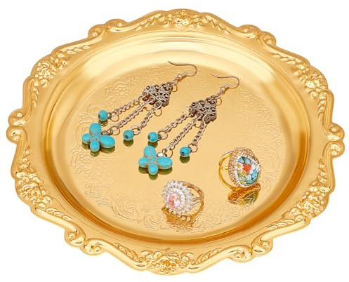 PH PandaHall 20cm Plateau de Présentation de Bijoux en Or Plateau de Service Décoratif Plateau de Bougie de Style Vintage Distributeur Rond pour Fête de Mariage Maison Cuisine