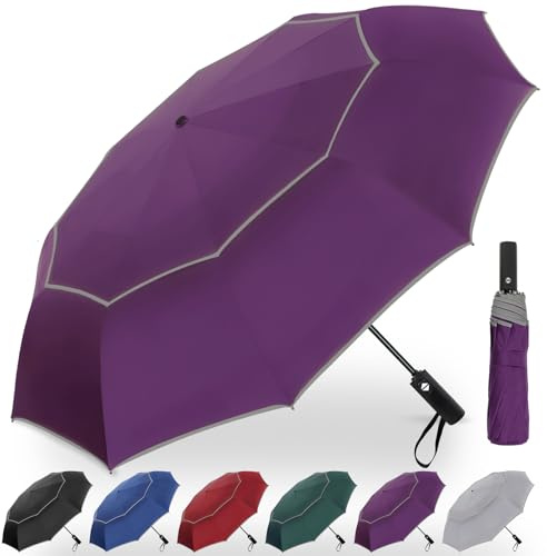 Satol Ombrello da Golf | Doppio Tetto & Ventilazione | Antitempesta & Apertura Automatica 62 Pollici | 10 Spine in Metallo per Massima Stabilità | Con Strisce Riflettenti (Viola con Bordo Grigio)