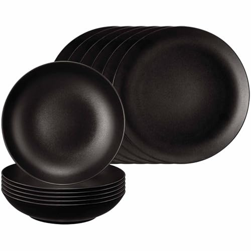 Seltmann Weiden Liberty Velvet Black Tafelservice 12-teilig, Runde Speiseteller (28 cm) und Suppenteller (21 cm) für 6 Personen, Geschirr-Set mit mattem Finish, Porzellan, Schwarz
