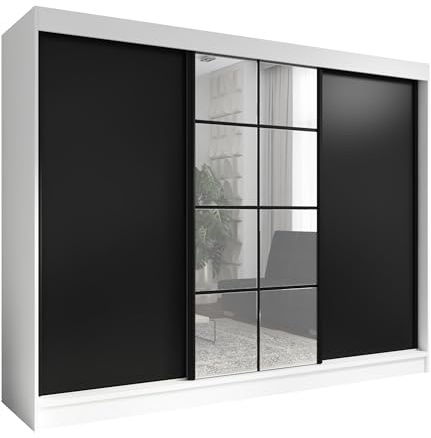 A&J MöbelLand Schwebetürenschrank ORAVELLE Kleiderschrank 3-türig mit Schubladen und Spiegel Garderobenschrank 200 cm (Weiß/Schwarz)