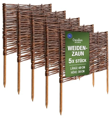 Creative Home Set de 5 Vallas de Mimbre Natural | Tamaño: 60 x 30 cm (+/- 1 cm) | Valla de Jardín para Delimitar Parterres Decorativa | Cerramiento Cercado de Césped | para Jardín Balcón Terraza