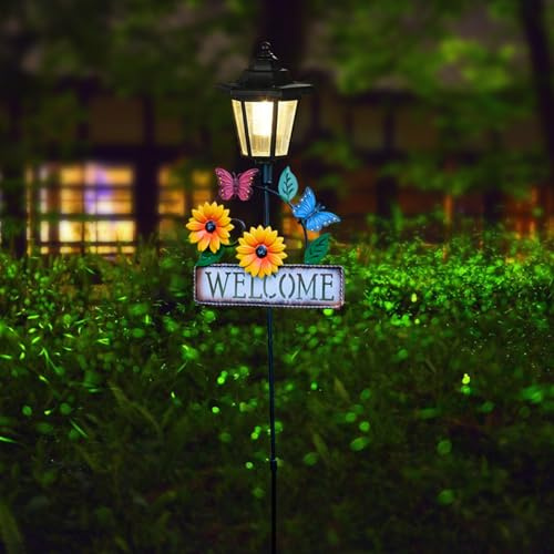 Obelunrp Solar Garden Light, 88cm/34.6inch Solar Sunflower Welcome Sign Stake Lights, Waterproof Metal Butterfly Pathway Light for ard, Lawn, Patio Garden Decorations