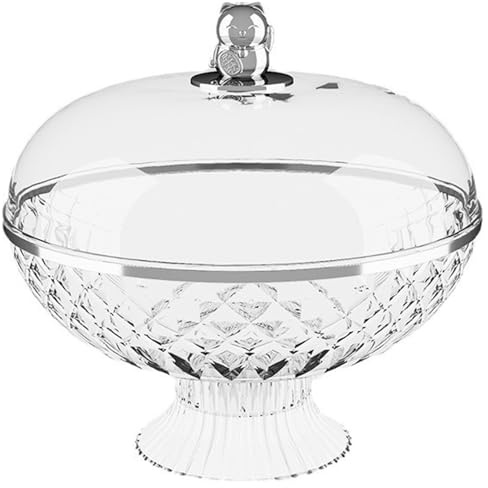 SMELEYOU Fruit Bowl with Lid 10.2 Inch Plastic Silver-Edge Pedestal Bowl with Lucky Cat Handle Drain-Hole Fruit Basket for Storage Serving