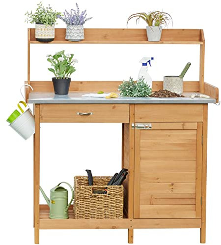 Panca da giardino per esterni, tavolo da lavoro, in metallo, con cassetto e ripiano aperto, in legno naturale