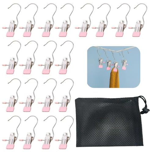 YSDINK 20pcs Portable Laundry Hooks, Non-slip Rotatable Clothes Pegs, Multi-Functional Metal Hangers for Coats, Hats, Towels, Socks, Boots, and Pants, Ideal for Home and Travel Use (Pink)