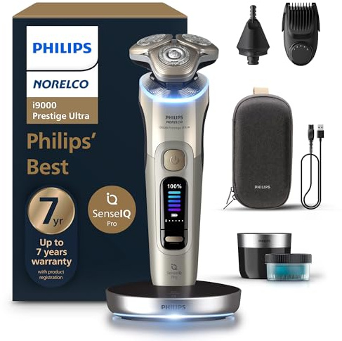 Philips Norelco Shaver i9000 Prestige Ultra, Wet & Dry Electric Shaver, White Gold, SenseIQ Pro Technology, Triple Lift & Cut System, 360 Rotating NanoTech Precision Blades, Beard Styler, XP9403/88