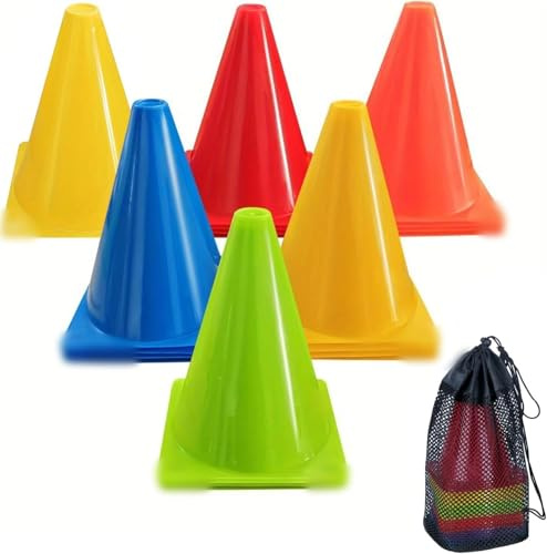QITIXI:OU Markierungskegel Fussball, 15 Stück 18cm Hütchen Pylonen mit Netzbeutel, Mehrfarbig Multifunktionskegel, Trainingskegel, Markierungshütchen für Sport, Fußball, Reitsport & Hund Training