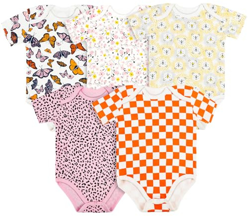 Vicloon Set di 5 Body Neonato e Neonata, Body a Maniche Corte in 100% Cotone, con Comoda Apertura, Unisex 0-3 Mesi, Idee Regalo Nascita (A)