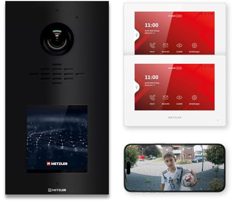 Metzler Video Türsprechanlage mit HD-Kamera und Touchscreen-Innenstation in Tiefschwarz RAL 9005 kristallklares Bild bei Tag/Nacht vandalismussicher mit App-Steuerung VDM10 Horizon