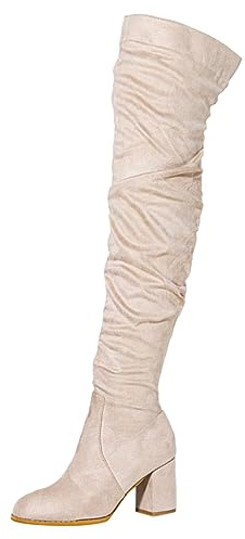 2026 Damen-Schneestiefel, modisch, knielang, dicke High Heels, über plissiertes Wildleder, beige, 40 EU