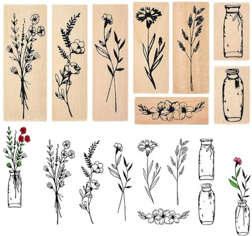 Holzstempel, 8 Stück Vintage Stempel Blumen, Natürlichel Pflanze Mustern Stempelset, Holzstempel zum Basteln, Geschenkanhänger, DIY Fotoalben, Sammelalben