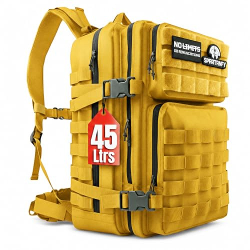 SPARTANFY | Mochila Crossfit Hombre 45L | Mochila Táctica Militar Impermeable para Gimnasio, Senderismo, Viaje, Montañismo | Mochila Grande Resistente con Sistema MOLLE (45L AMARILLO)