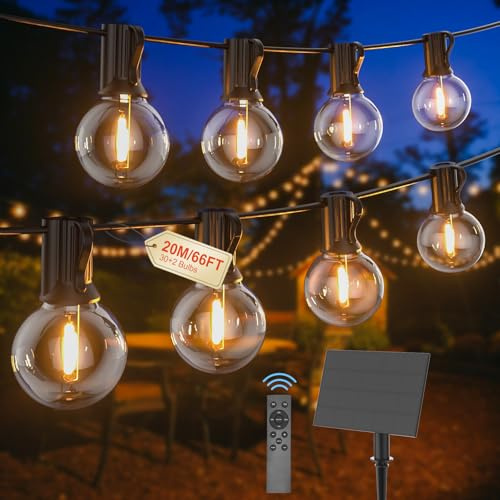 G40 20M Outdoor Solar Garden String Lights USB or Solar Dual Charging | Remote Control,Dimmable,Timer,2700k Warm White IP65 Waterproof Festoon Lights with 30 1W Shatterproof Bulbs for Gazebo Patio