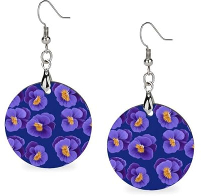 Purple Pansies Flowers Women's Round Wooden Earring Drop Dangle Earrings Lightweight Pendant Jewelry