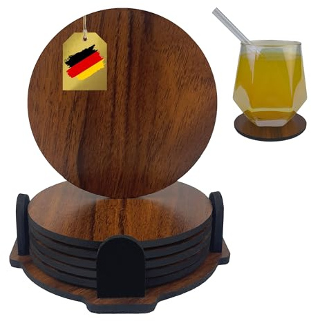 AlemsDesign Untersetzer Gläser Holz, 6er Set mit Halter, braun, rund 9 cm — Glasuntersetzer, Design Glas Untersetzer-Set für Getränke, rutschfest hitzebeständig Kratzfest, Tischdeko, Geschenk