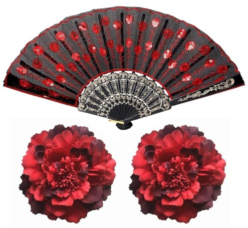 MIRKUZI Pinces pour femme Deux pinces à cheveux pivoine rouge et un éventail, fleurs artificielles, style flamenco, grandes pinces, conviennent aux cheveux épais et fins.