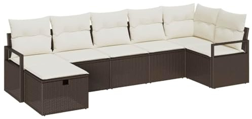 Foknhdi 7-Teiliges Gartensofa Set Braun Creme 287 x 122 x 85 cm Poly-Rattan wetterfest Sonneninsel mit Stauraum Outdoor Lounge Möbel für Terrasse Balkon Garten