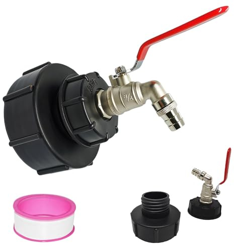Simsky IBC Auslaufhahn S100x8 auf S60x6 Grobgewinde, IBC Adapter Kugelhahn mit 3/4 Zoll Schlauchanschluss, Hochwertiger IBC Wasserhahn für 1000L Wassertank und Regentonne Zubehör