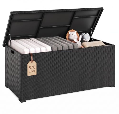UDPATIO Gartenbox Wasserdicht 870L, Aufbewahrungsbox Garten XXXL, Auflagenbox Wetterfest, Kissenbox Outdoor mit Deckel, Gasdruckfedern | Schwarz