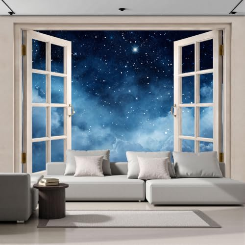 Mural De Pared Azul Oscuro Vista Ventana Estrellado Acuarela, Papel Pintado Fotográfico Tejido No Tejido Paisaje Misterioso, 200X140Cm, Fotomurales Moderna Decorativo Para Sala De Estar, Dormitorio