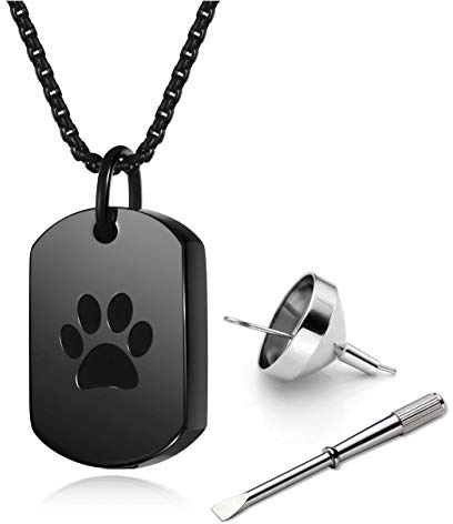 PiercingJ Rostfritt stål husdjur aska urna minnessmycke kremering urna halsband tass tryck minnessak medaljong hänge för aska med fyllningskit, förlust av husdjur katt hund sympati e rostfritt stål, colore: Svart, cod. KKUKN1000422(F)