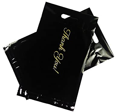 LIANYG Versandbeutel 50 stücke Mailer Tasche Schwarz Rosa Einkaufstasche Kurier Taschen Selbstsiegel Poly Mailer mit Logo Express Taschen Griff Umschlag Taschen 334 (Color : 26x33x7 BK Thank You)