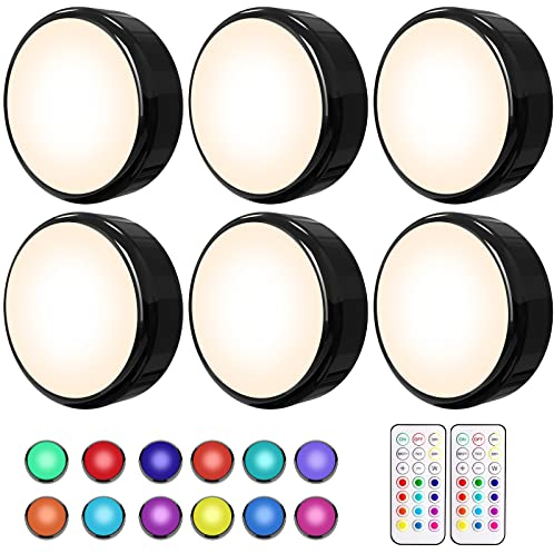 HELPLEX Schrankbeleuchtung, 6 Pack LED Unterbauleuchten, Dimmbare, Küche, Mehrfarbig, Batteriebetrieben Vitrinenbeleuchtung mit Fernbedienung und Timing-Funktion, Schwarz