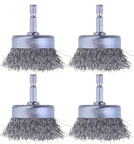 WENORA 4 Pcs Wire Cup Brush Set for Drill, 1/4 Inch Hex Shank, 0.010 Inch Coarse Carbon Steel Attachments for Rust Removal