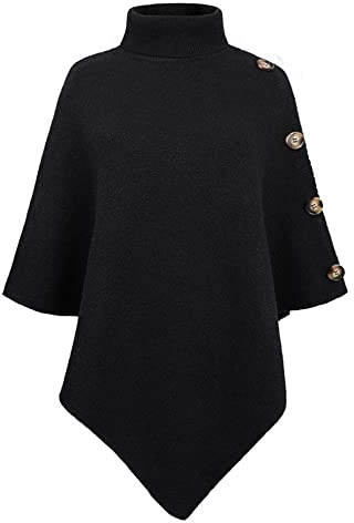 JFAN Maglia Donna Invernale Poncho a Collo Alto Quattro Bottoni Elegante Nero