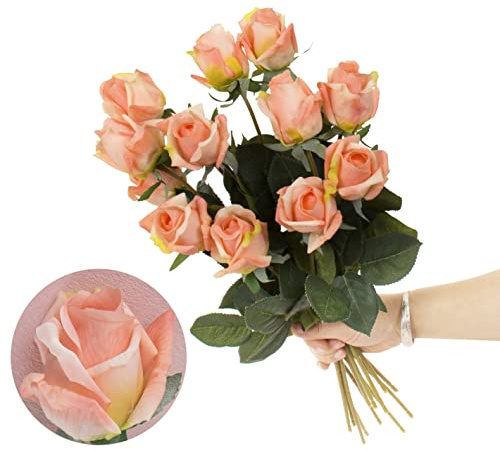 cn-Knight 12 boccioli di rosa artificiali semiaperti, 43 cm, rose in seta con fiori parzialmente aperti, fiori artificiali per decorazione della casa, centrotavola, bouquet da sposa, arancione
